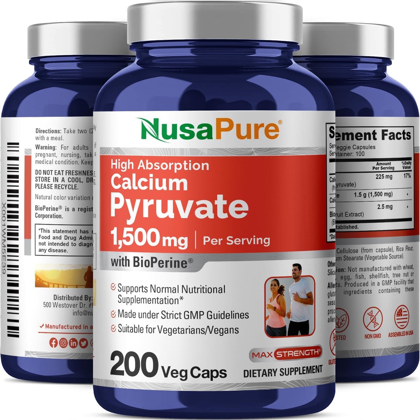 1500mg Calcium Pyruvate Capsules - 200 Count, Non-GMO & Vegan - 750mg per Capsule
