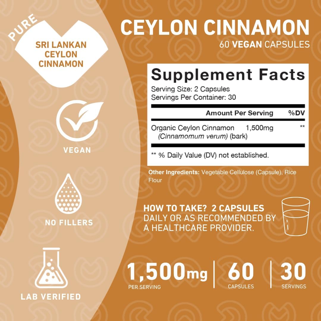 1500mg Ceylon Cinnamon Capsules - Vegan Antioxidant Supplement from Sri Lanka - Non-GMO, 60 Count - Natural Alternative to Tablets