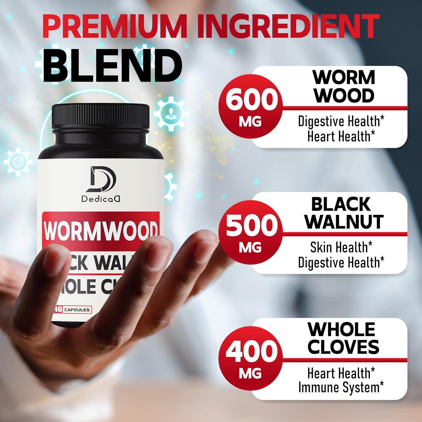 1500mg DEDICAD Sweet Wormwood Capsules with Black Walnut & Cloves - 240 Vegan Capsules for Digestive Health, Immunity & Body Support