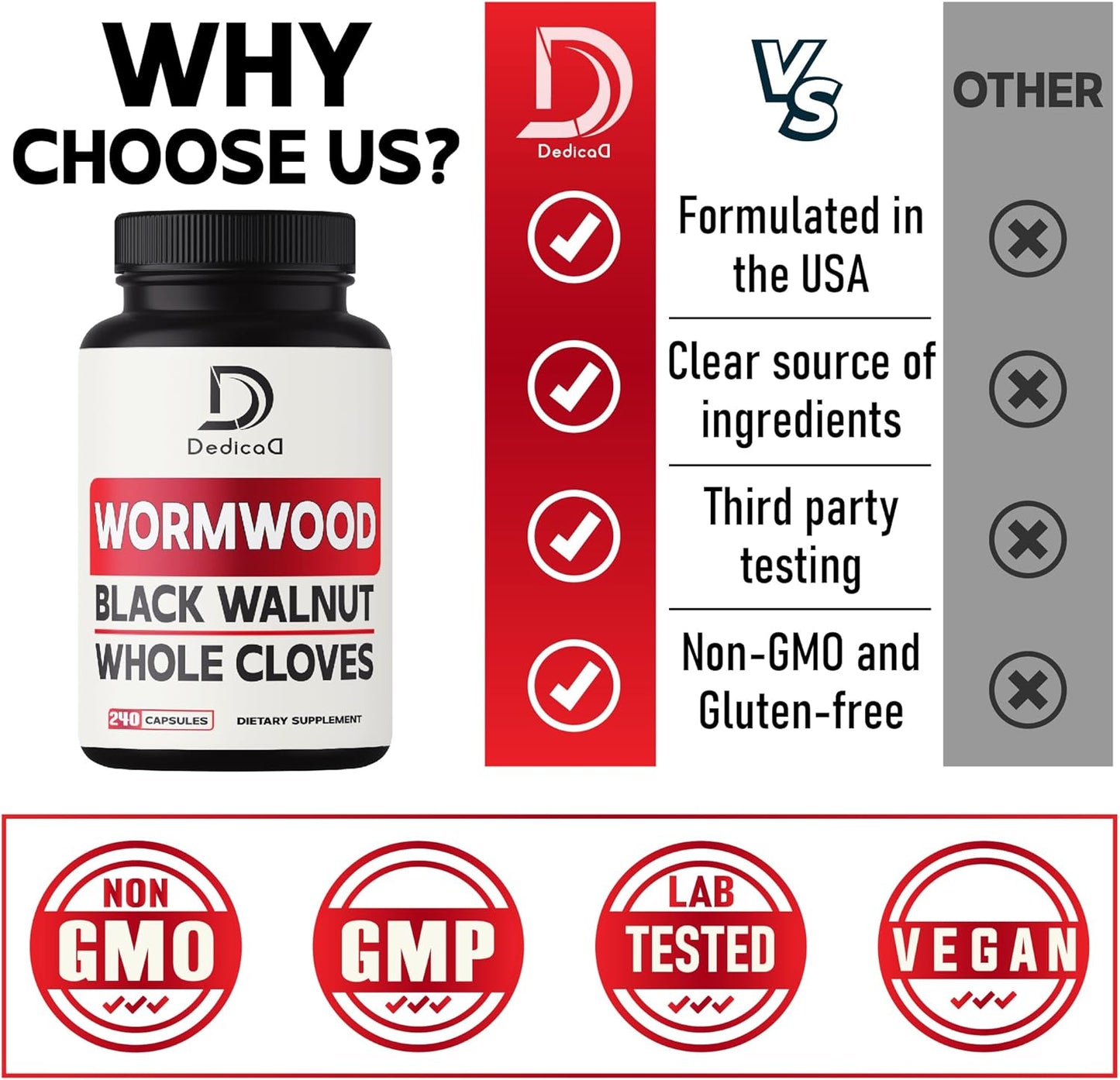 1500mg DEDICAD Sweet Wormwood Capsules with Black Walnut & Cloves - 240 Vegan Capsules for Digestive Health, Immunity & Body Support