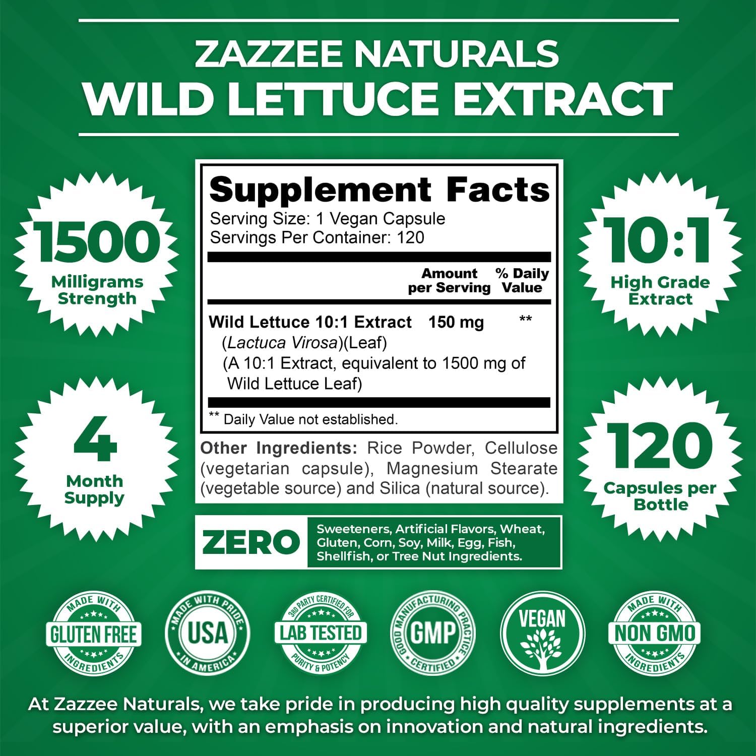 1500mg Extra Strength Wild Lettuce Extract Capsules - 120 Vegan Capsules, Potent 10X Concentration, 100% Vegetarian, Non-GMO - Made in USA