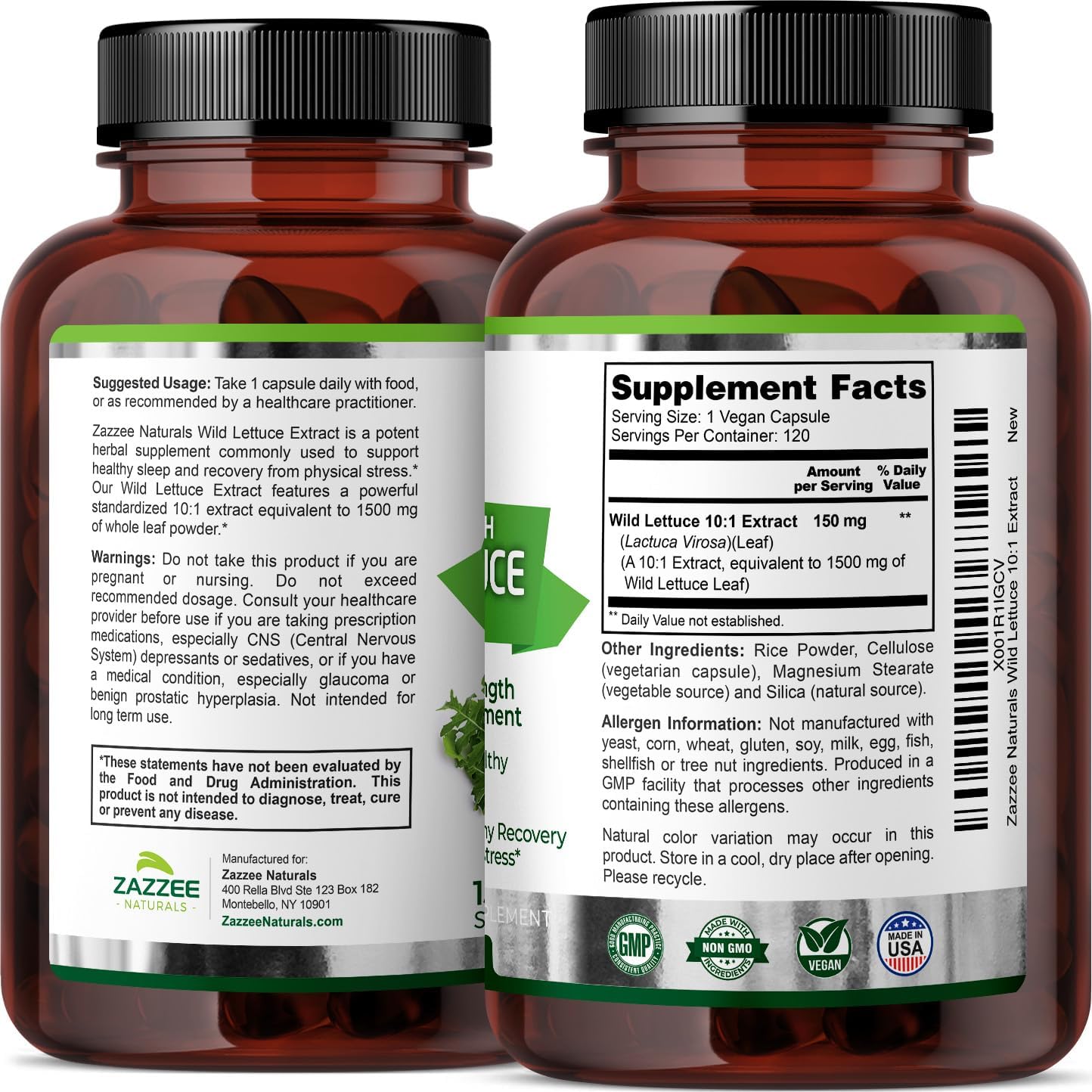 1500mg Extra Strength Wild Lettuce Extract Capsules - 120 Vegan Capsules, Potent 10X Concentration, 100% Vegetarian, Non-GMO - Made in USA