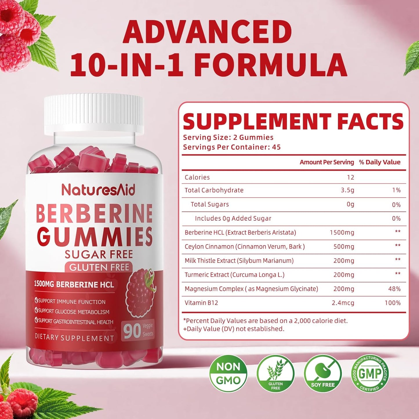 1500mg High Potency Berberine HCL Gummies with Ceylon Cinnamon for Immune Support - Raspberry Flavor