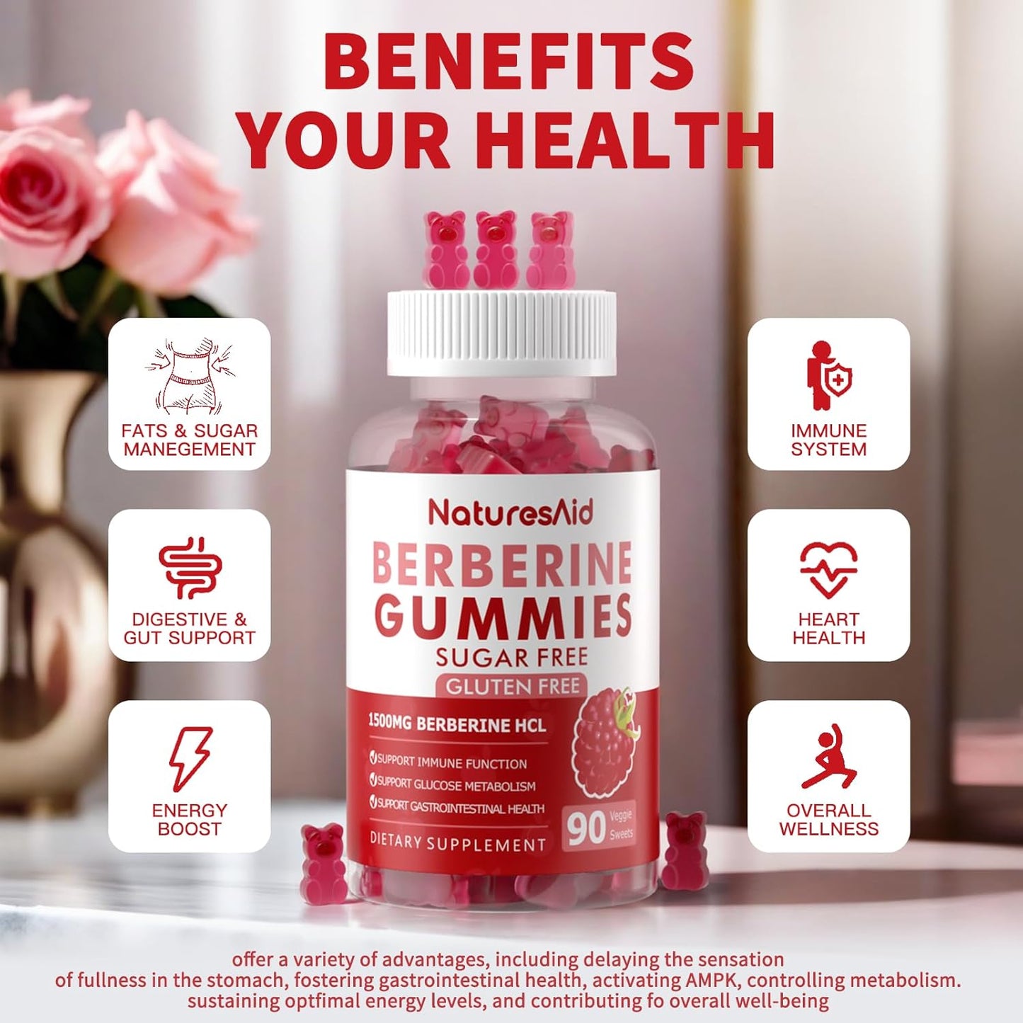 1500mg High Potency Berberine HCL Gummies with Ceylon Cinnamon for Immune Support - Raspberry Flavor