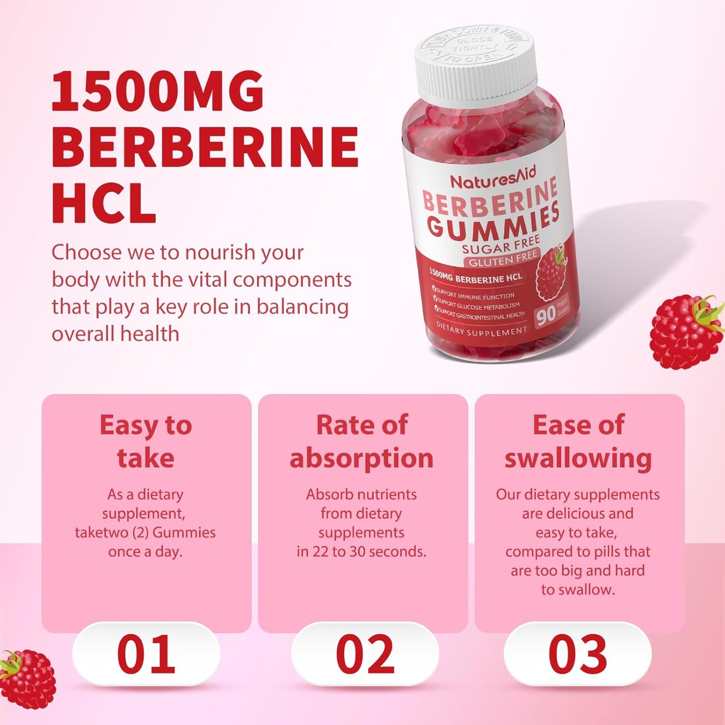 1500mg High Potency Berberine HCL Gummies with Ceylon Cinnamon for Immune Support - Raspberry Flavor