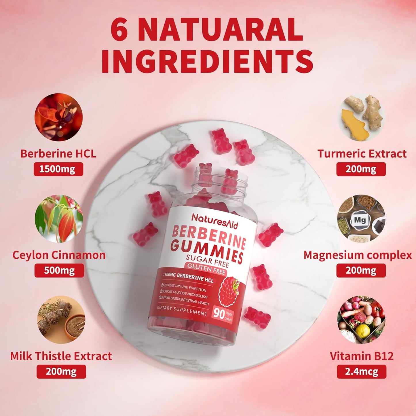 1500mg High Potency Berberine HCL Gummies with Ceylon Cinnamon for Immune Support - Raspberry Flavor