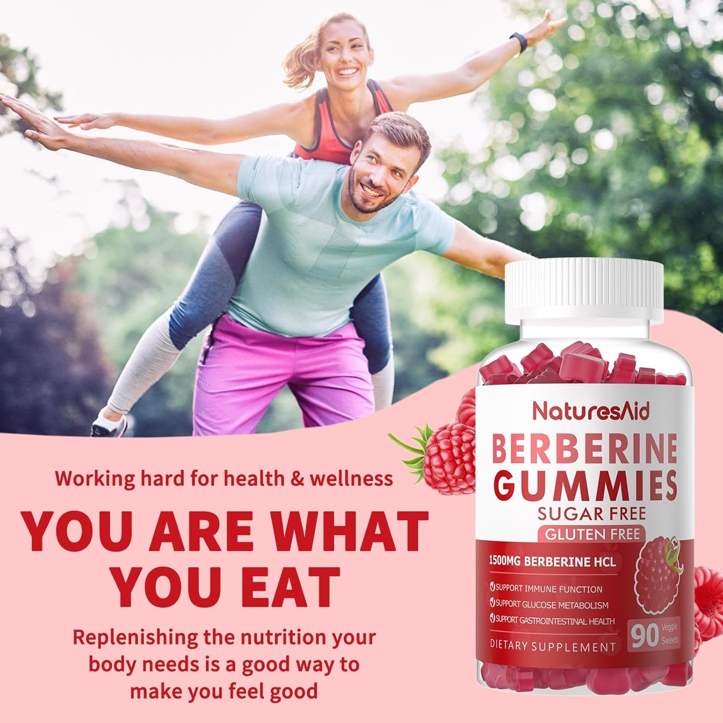1500mg High Potency Berberine HCL Gummies with Ceylon Cinnamon for Immune Support - Raspberry Flavor