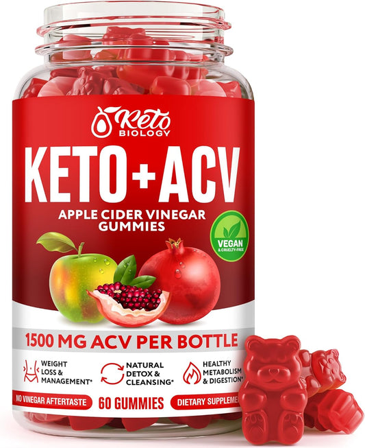 1500mg Keto ACV Gummies for Weight Loss, Detox & Energy - Vegan Apple Cider Vinegar Gummies - 60 Count