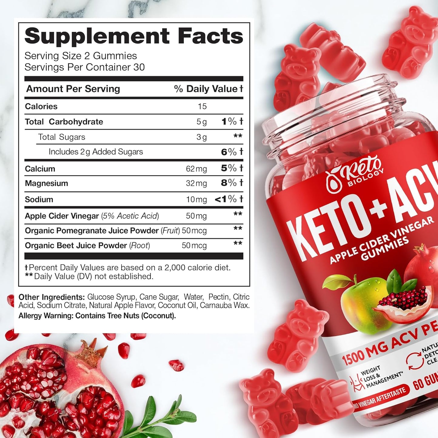 1500mg Keto ACV Gummies for Weight Loss, Detox & Energy - Vegan Apple Cider Vinegar Gummies - 60 Count