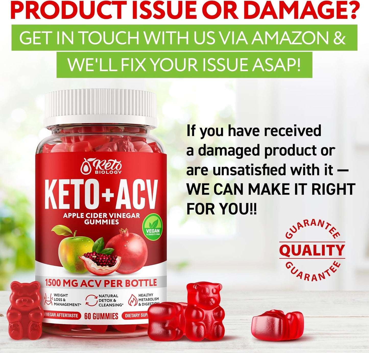 1500mg Keto ACV Gummies for Weight Loss, Detox & Energy - Vegan Apple Cider Vinegar Gummies - 60 Count
