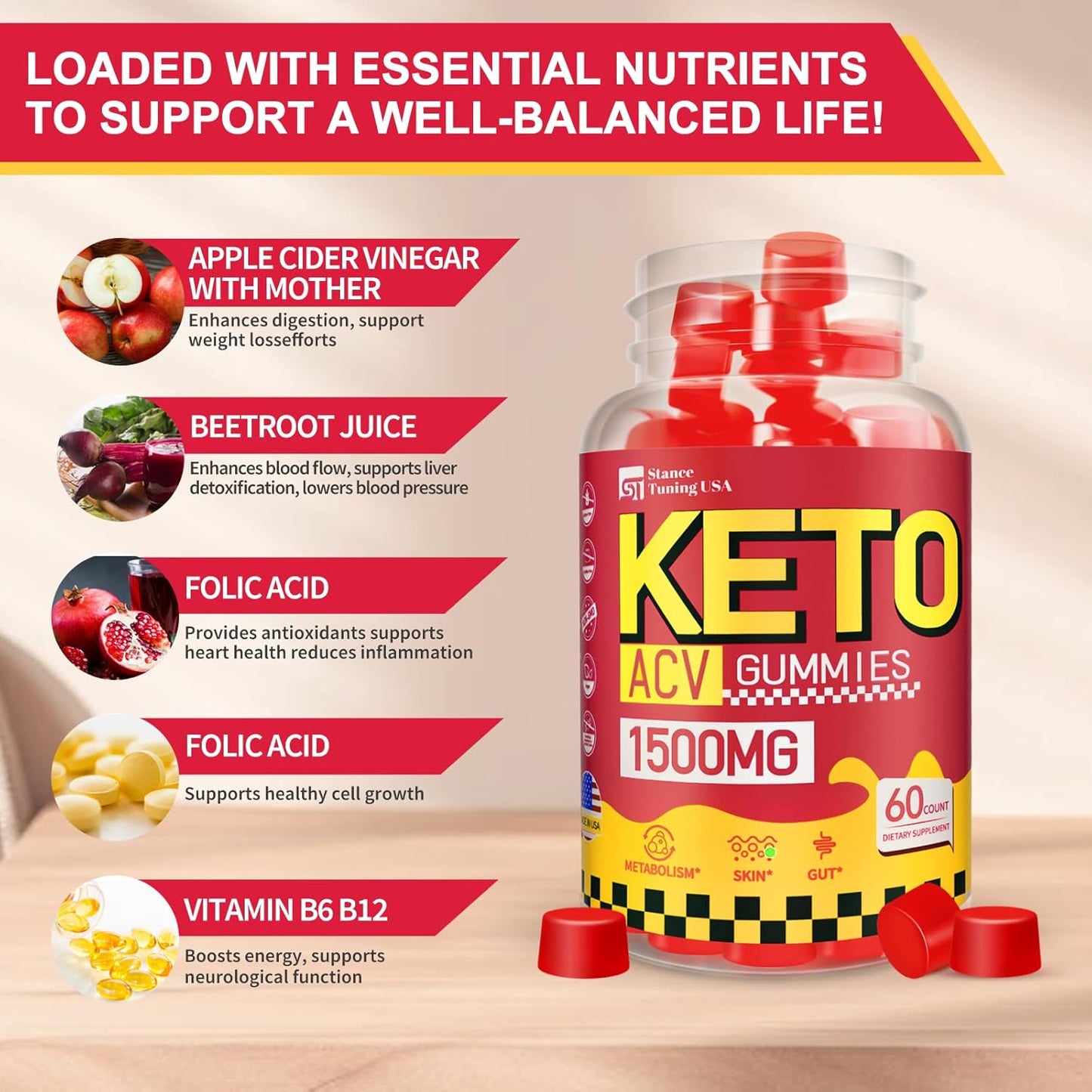 1500MG Keto ACV Gummies with Probiotics for Gut Digestion - Vegan & Non-GMO Apple Cider Vinegar Gummies for Men and Women