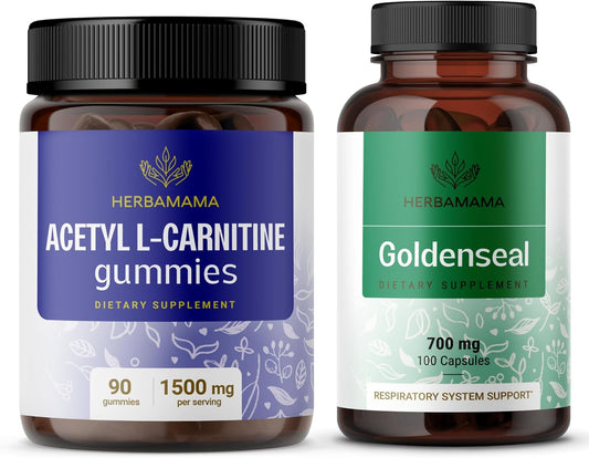 1500mg L-Carnitine Gummies & 700mg Goldenseal Capsules Bundle - Vegan, Non-GMO, Gelatin-Free - 2 Pack Kit