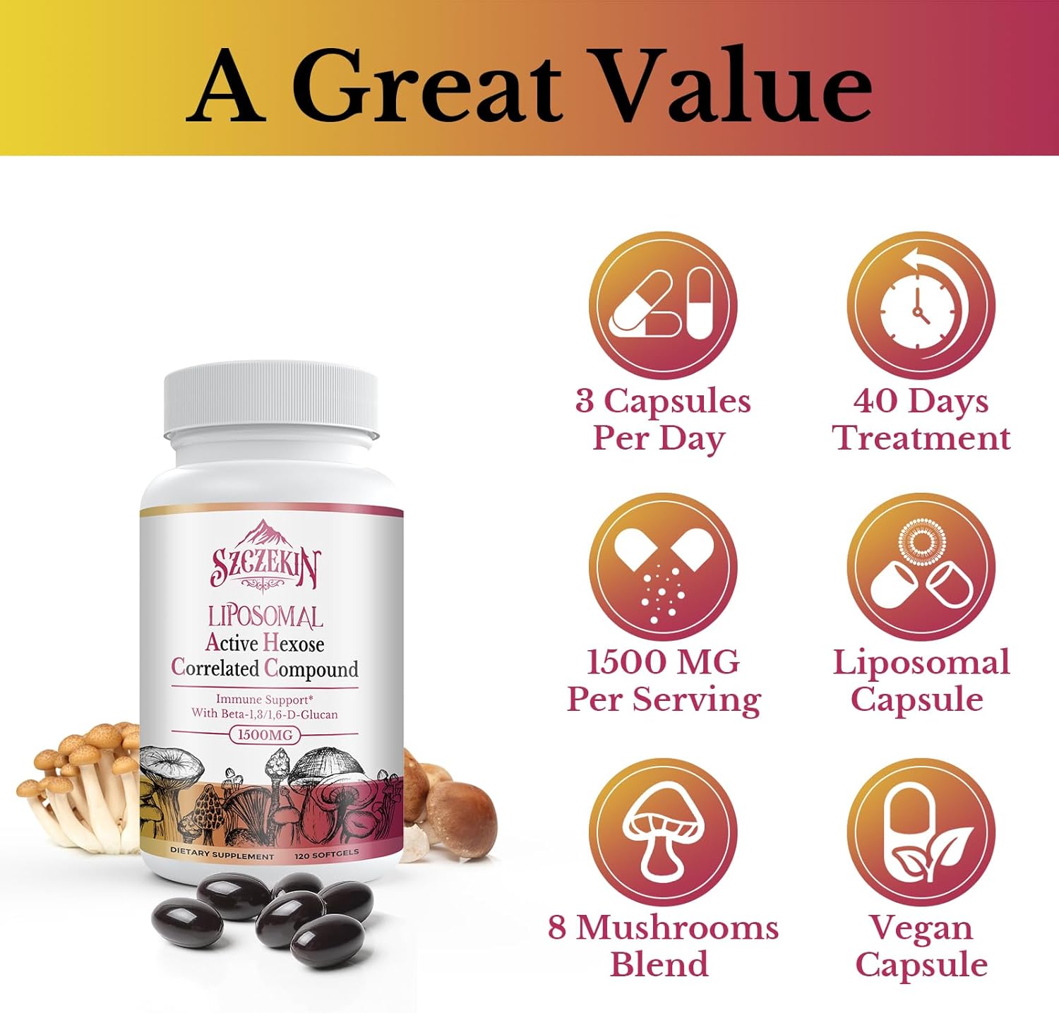 1500mg Liposomal AHCC Supplement for Immune Support - 480 Softgels with Natural Mushroom Extract for Liver & T-Cell Health