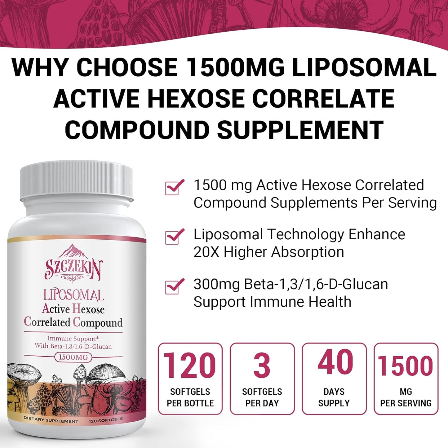 1500mg Liposomal Beta-Glucans Supplement with Natural Mushroom Extract - Boost Immune System & Liver Function, Support T-Cell & Killer Cell Activity - 1200 Soft Gels