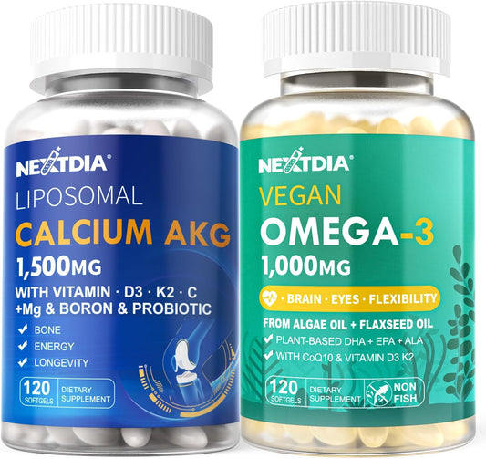 1500mg Liposomal Calcium AKG + 1000mg Vegan Omega 3 Supplement for Enhanced Health