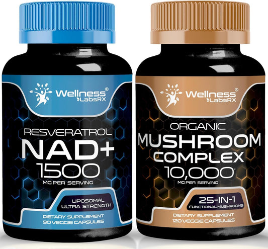 1500mg Liposomal NAD+ Supplement with Resveratrol and Organic Mushroom Complex - 25 in 1 Formula