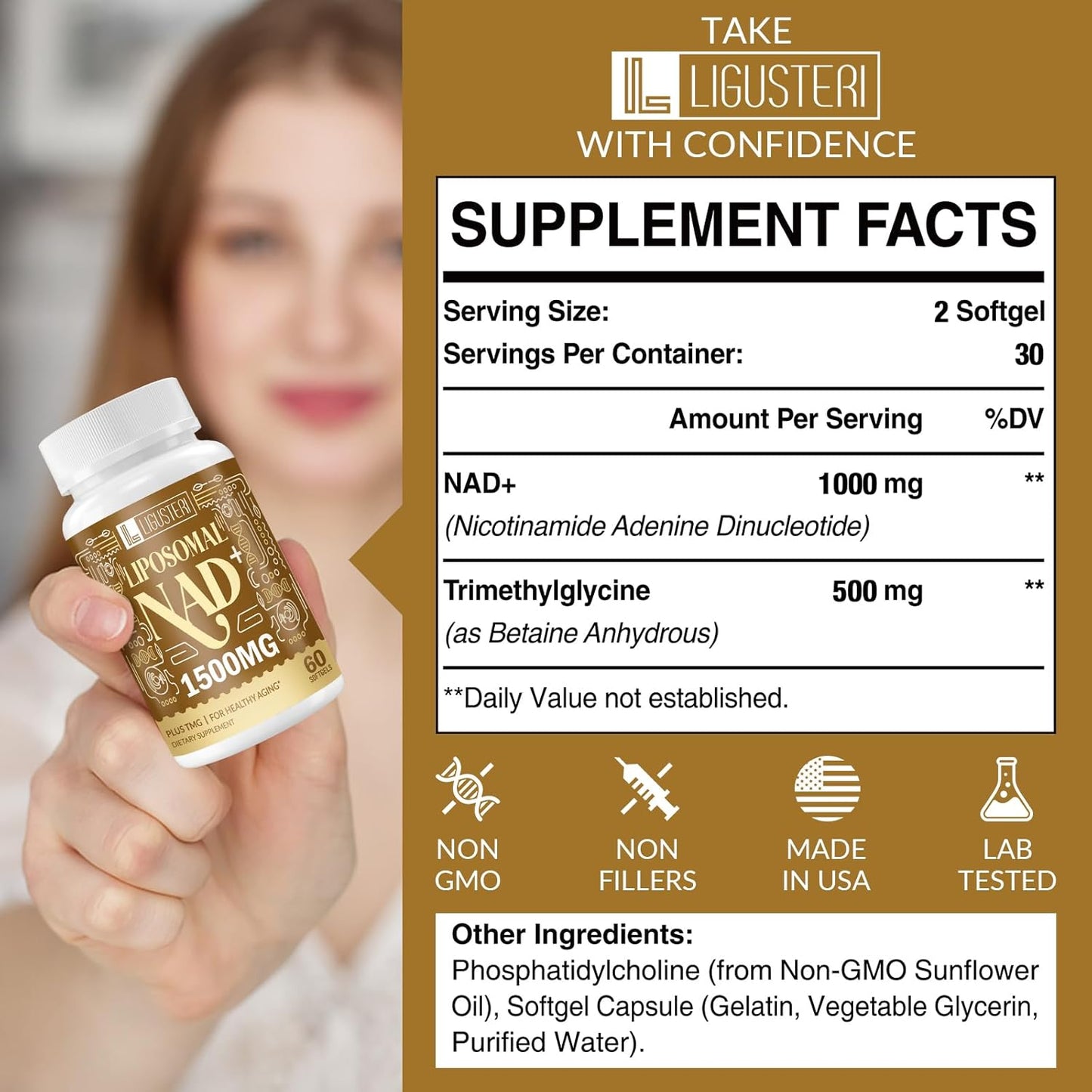 1500MG Liposomal NAD+ Supplement with TMG for Anti-Aging Defense - 120 Softgels