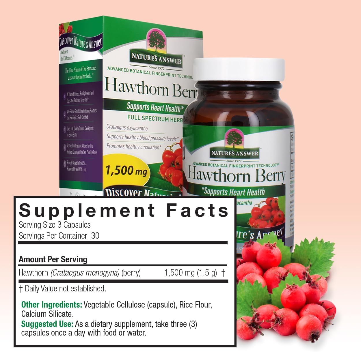 1500mg Nature's Answer Hawthorn Berry Capsules - 90 Count | Promotes Heart Health | Gluten-Free, Non-GMO, Kosher | Single Pack