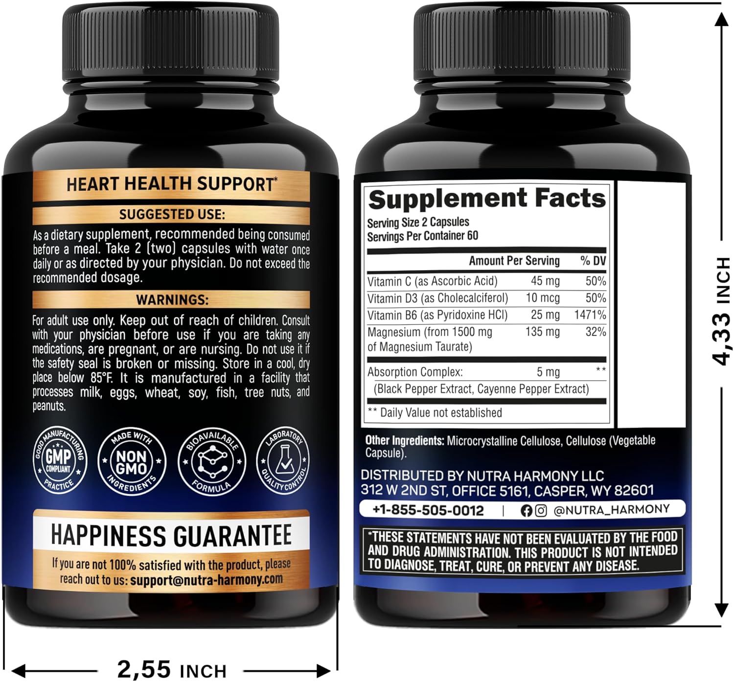 1500mg NUTRAHARMONY Magnesium Taurate Capsules with Vitamins B6, C, D3 - Heart, Sleep, Muscle Support - Pepper for Absorption - Lab Tested, Made in USA - 120 Caps, 2 Month Supply