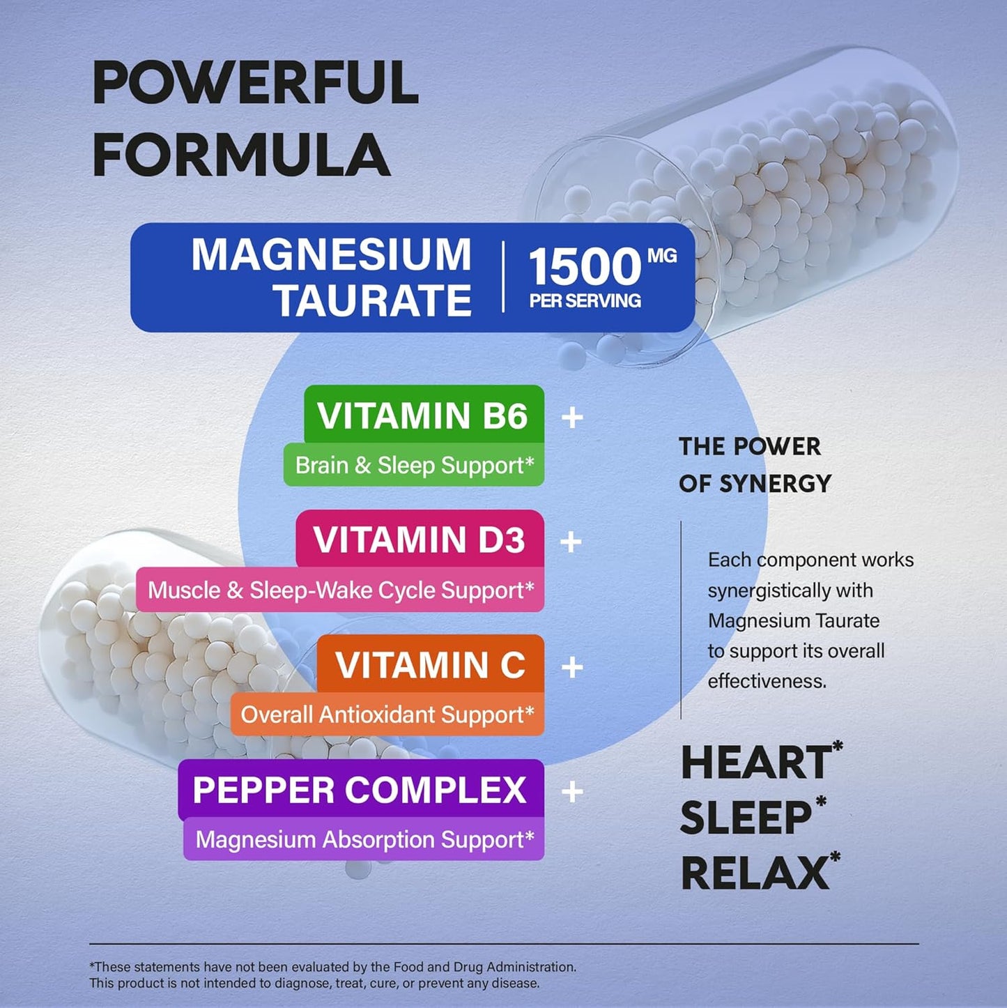 1500mg NUTRAHARMONY Magnesium Taurate Capsules with Vitamins B6, C, D3 - Heart, Sleep, Muscle Support - Pepper for Absorption - Lab Tested, Made in USA - 120 Caps, 2 Month Supply