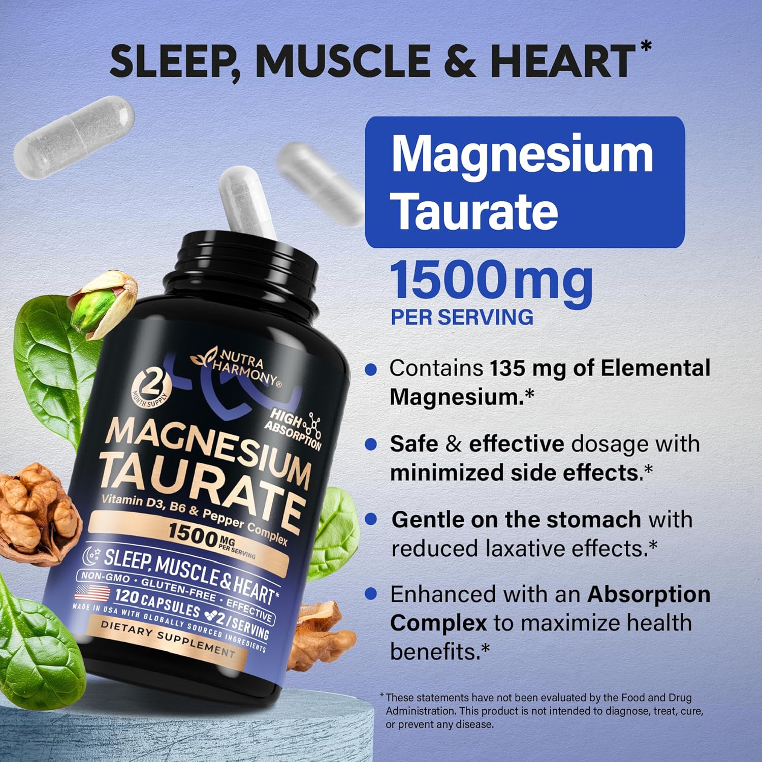 1500mg NUTRAHARMONY Magnesium Taurate Capsules with Vitamins B6, C, D3 - Heart, Sleep, Muscle Support - Pepper for Absorption - Lab Tested, Made in USA - 120 Caps, 2 Month Supply
