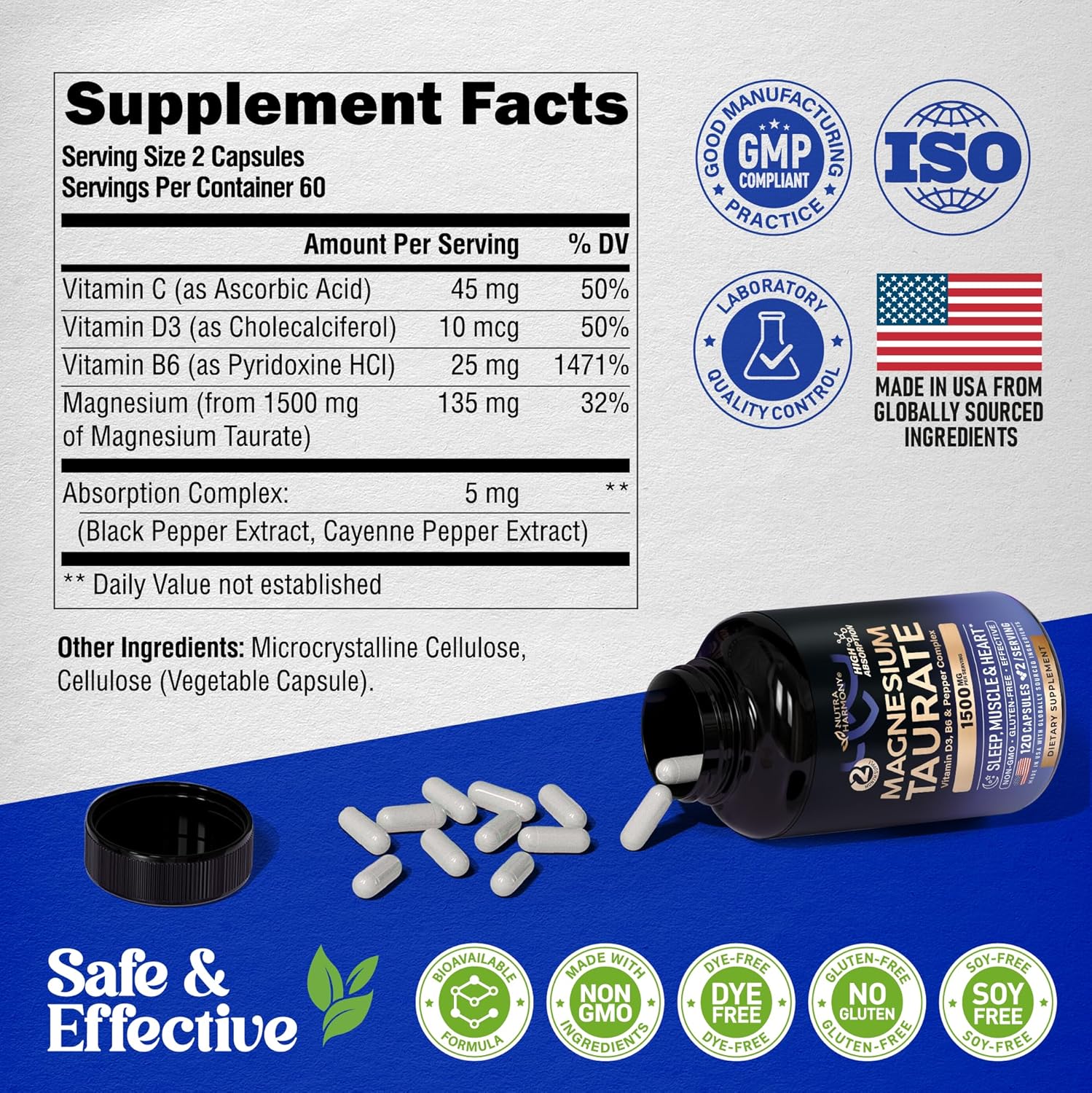 1500mg NUTRAHARMONY Magnesium Taurate Capsules with Vitamins B6, C, D3 - Heart, Sleep, Muscle Support - Pepper for Absorption - Lab Tested, Made in USA - 120 Caps, 2 Month Supply