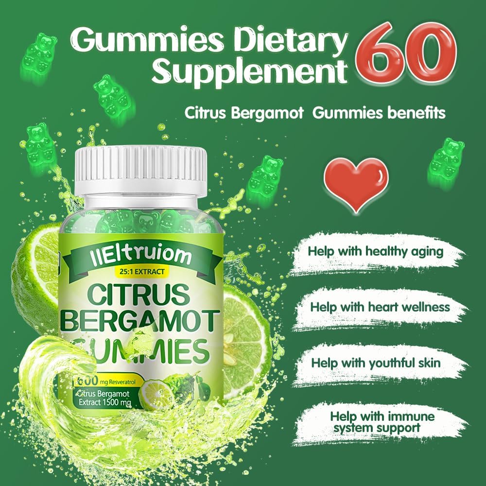 1500mg Organic Citrus Bergamot Gummies with Resveratrol & Niacin - Heart Health Supplement for Adults - Vegan-friendly - 60 Gummies