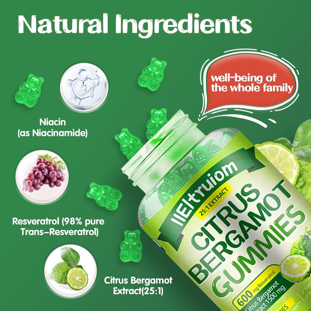 1500mg Organic Citrus Bergamot Gummies with Resveratrol & Niacin - Heart Health Supplement for Adults - Vegan-friendly - 60 Gummies