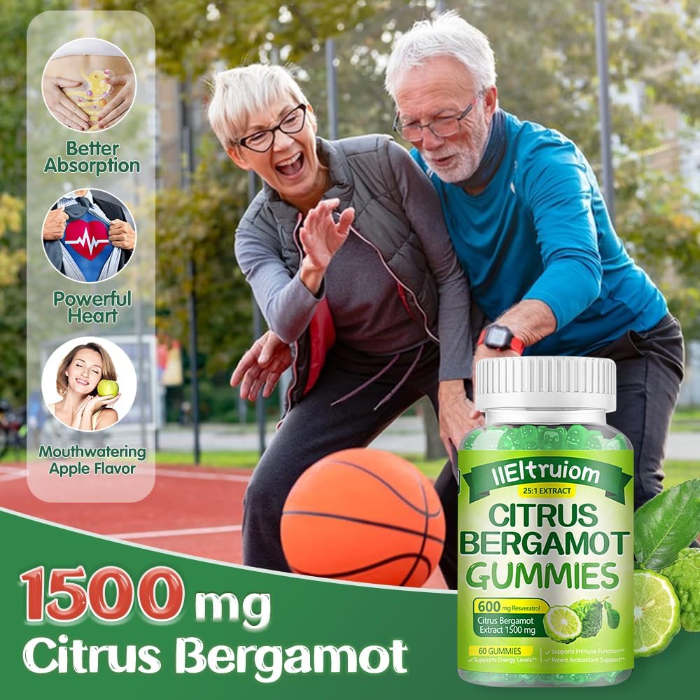 1500mg Organic Citrus Bergamot Gummies with Resveratrol & Niacin - Heart Health Supplement for Adults - Vegan-friendly - 60 Gummies