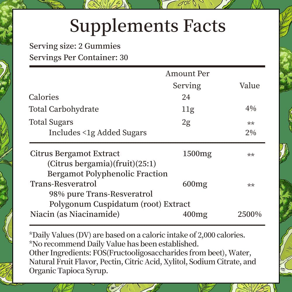 1500mg Organic Citrus Bergamot Gummies with Resveratrol & Niacin - Heart Health Supplement for Adults - Vegan-friendly - 60 Gummies