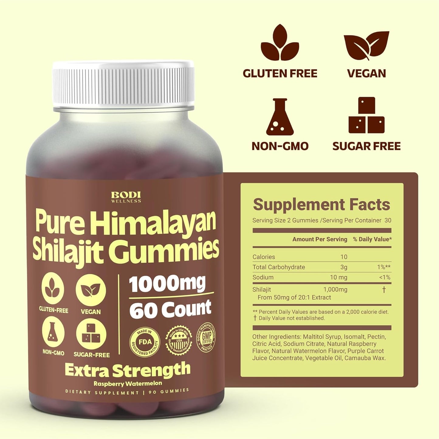 1500mg Pure Himalayan Shilajit Gummies - 90 Vegan Sugar-Free Gummies with 85+ Trace Minerals & Fulvic Acid - Non-GMO Supplement for Men & Women by Bodi Wellness
