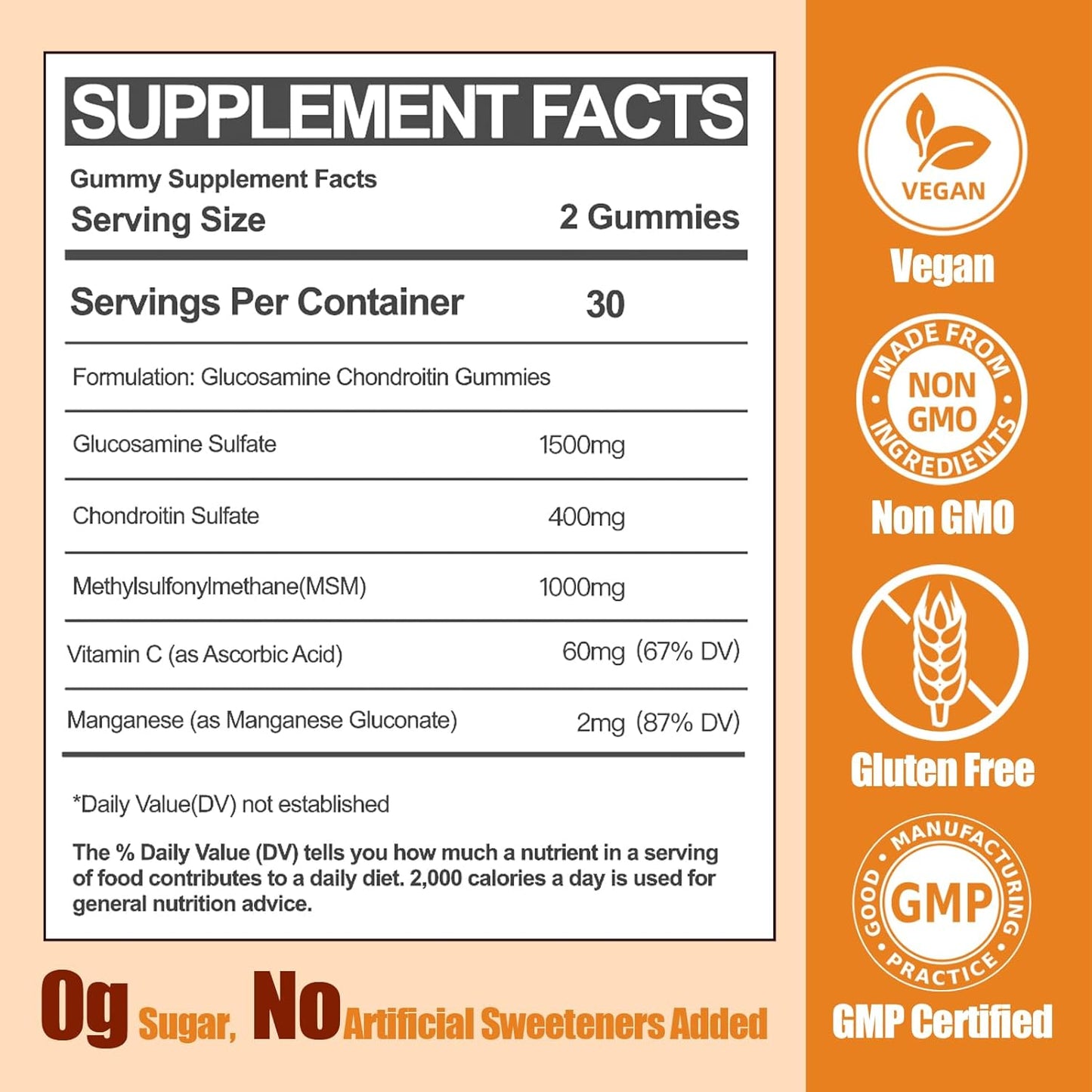 1500mg Sugar Free Glucosamine Chondroitin Gummies with Vitamin C for Immune Support (60 Count)