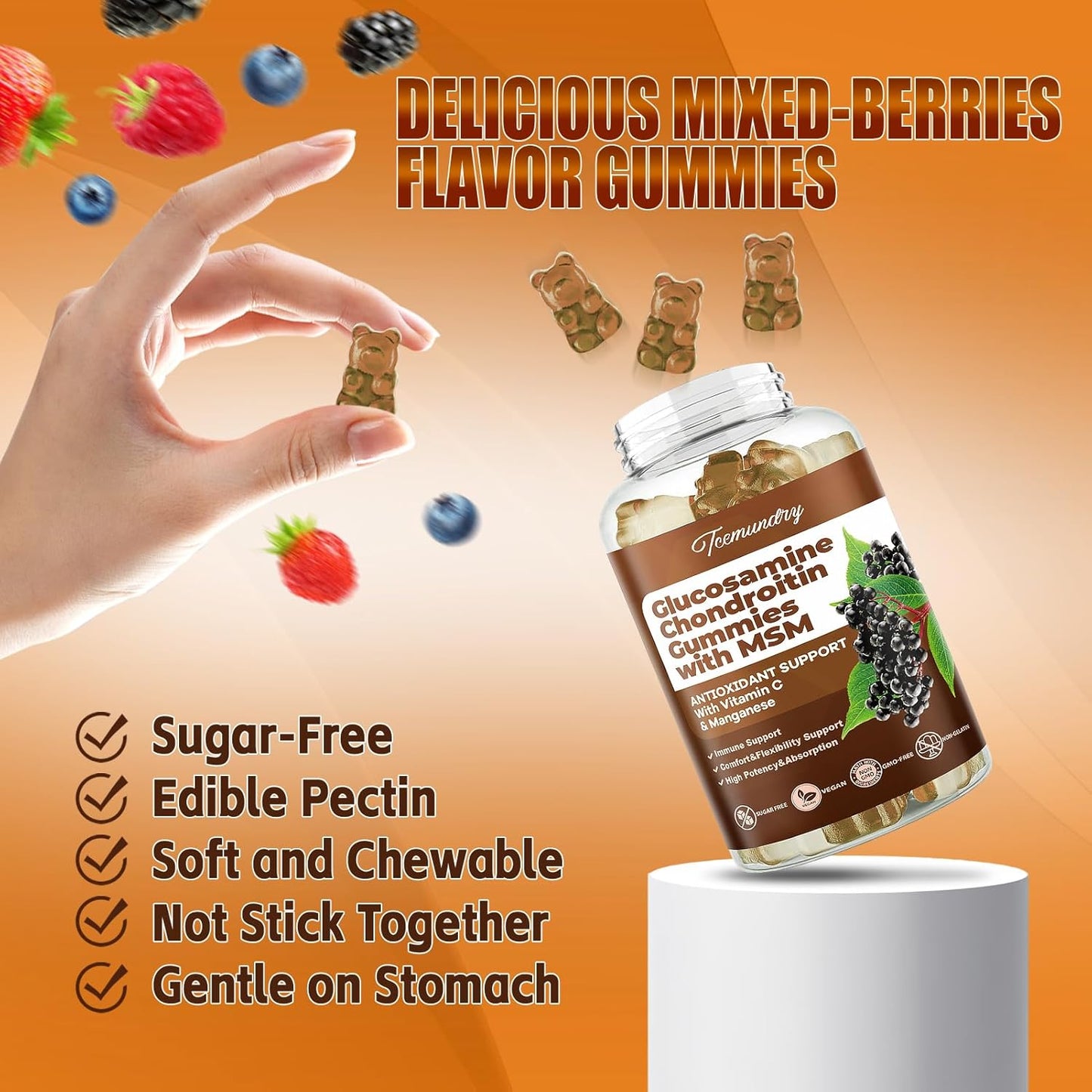 1500mg Sugar Free Glucosamine Chondroitin Gummies with Vitamin C for Immune Support (60 Count)