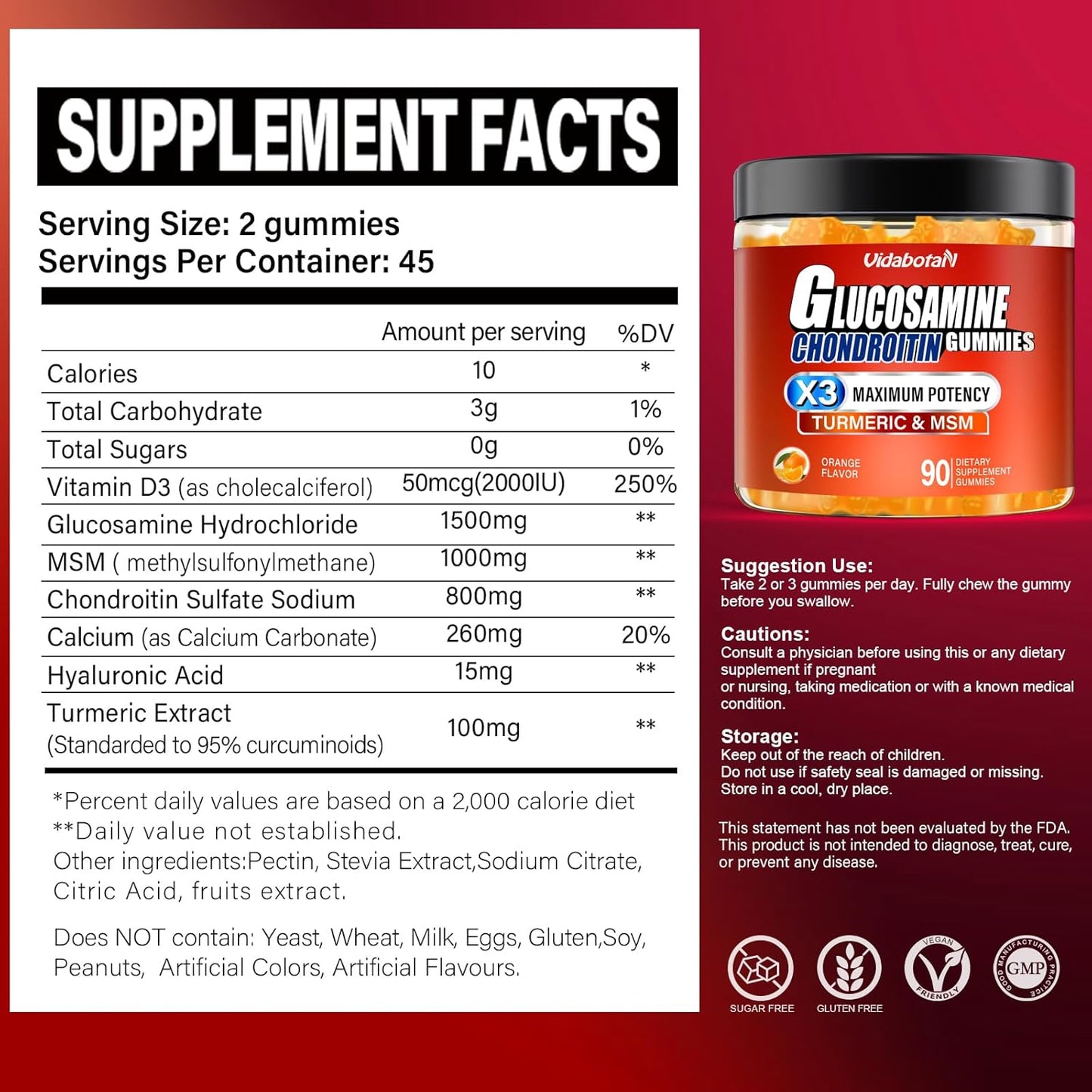 1500mg Sugar-Free Glucosamine Chondroitin Gummies with MSM & Turmeric - Orange Flavor, 90 Count, Gluten-Free