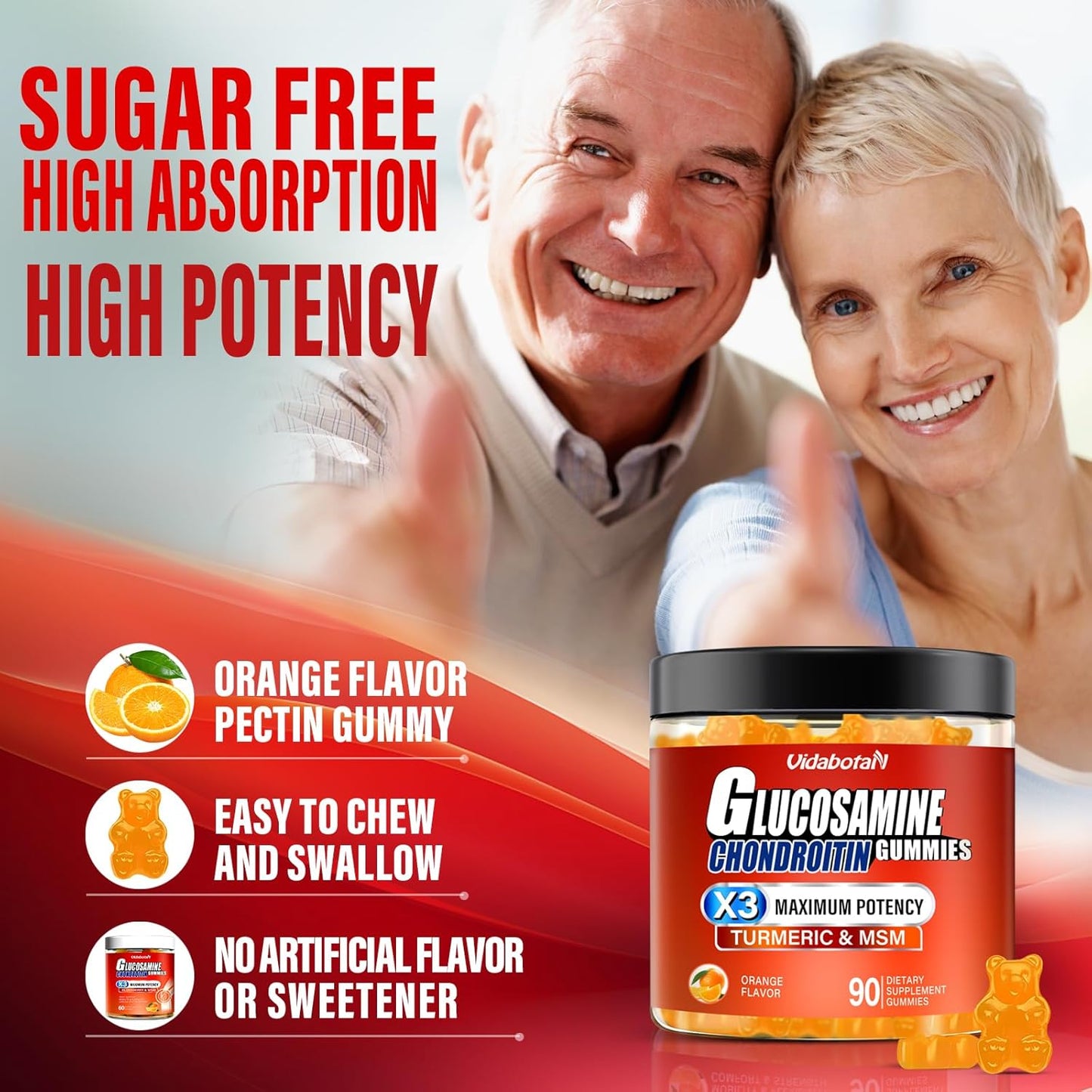 1500mg Sugar-Free Glucosamine Chondroitin Gummies with MSM & Turmeric - Orange Flavor, 90 Count, Gluten-Free
