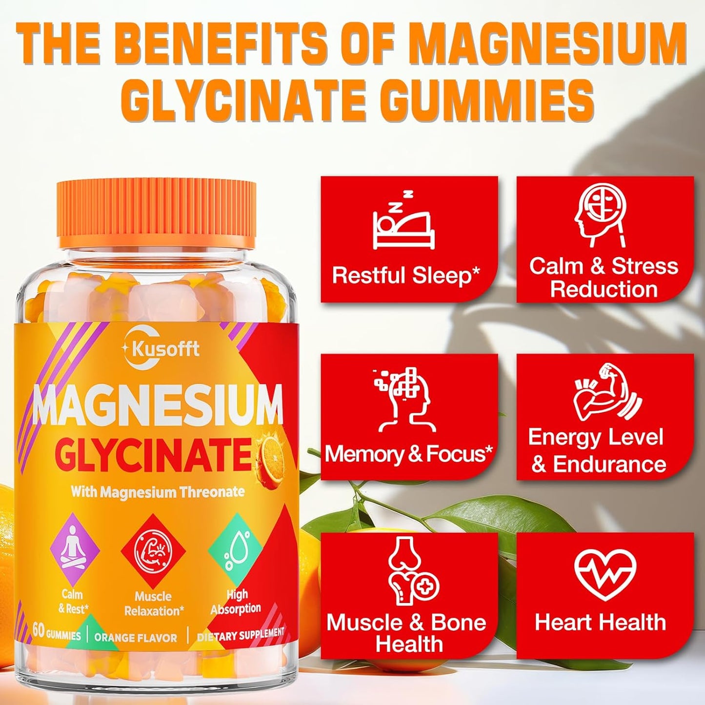 1500mg Sugar-Free Magnesium Glycinate Gummies for Adults - Orange Flavor Relaxation & Muscle Support Supplement with Magnesium I-Threonate & Ashwagandha - 180 Count