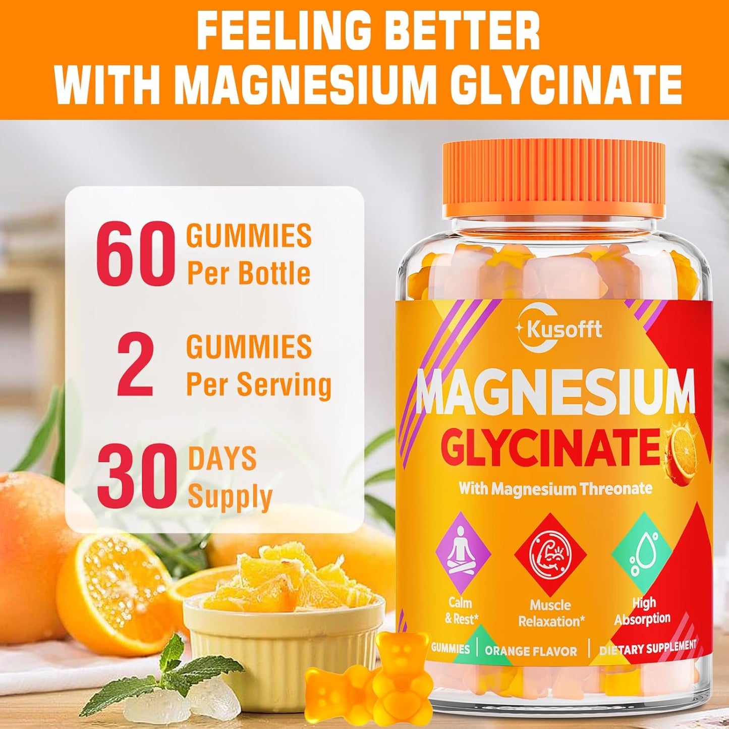 1500mg Sugar-Free Magnesium Glycinate Gummies for Adults - Orange Flavor Relaxation & Muscle Support Supplement with Magnesium I-Threonate & Ashwagandha - 180 Count