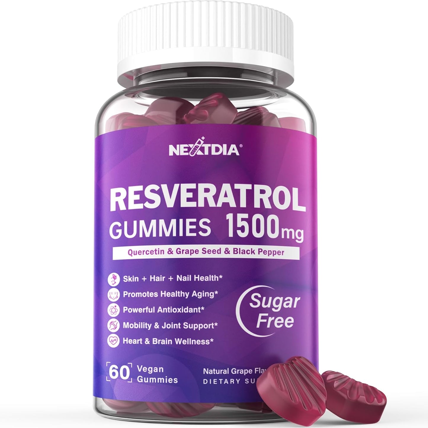 1500mg Sugar-Free Resveratrol Gummies with Quercetin, Grape Seed, Acai - Antioxidant Support for Healthy Aging, Skin, Joints, Brain - 1 Pack
