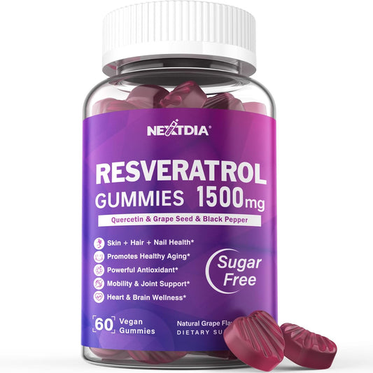 1500mg Sugar-Free Resveratrol Gummies with Quercetin, Grape Seed, Acai - Antioxidant Support for Healthy Aging, Skin, Joints, Brain - 1 Pack
