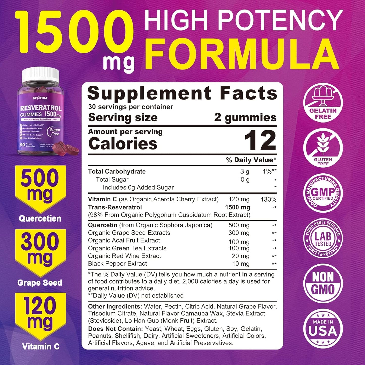 1500mg Sugar-Free Resveratrol Gummies with Quercetin, Grape Seed, Acai - Antioxidant Support for Healthy Aging, Skin, Joints, Brain - 1 Pack