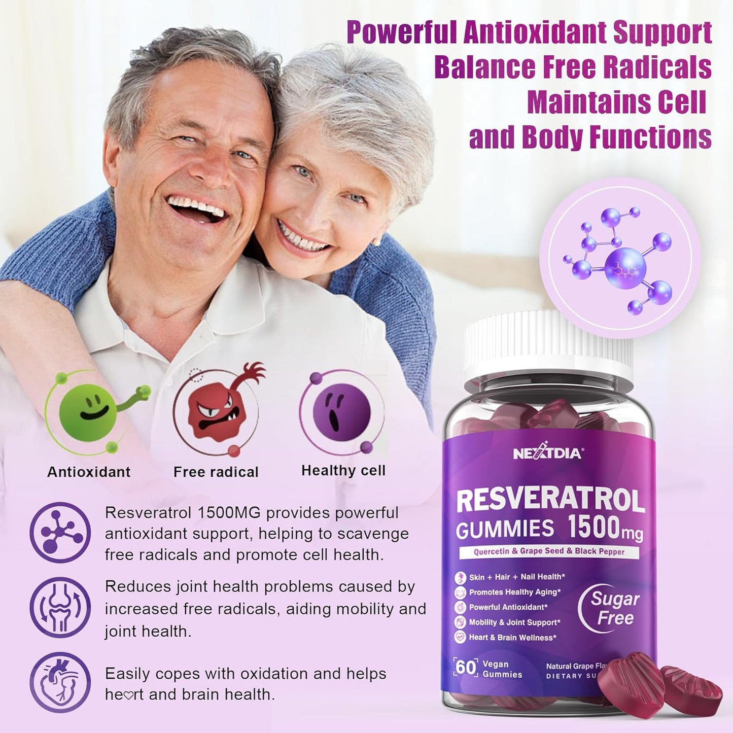 1500mg Sugar-Free Resveratrol Gummies with Quercetin, Grape Seed, Acai - Antioxidant Support for Healthy Aging, Skin, Joints, Brain - 1 Pack
