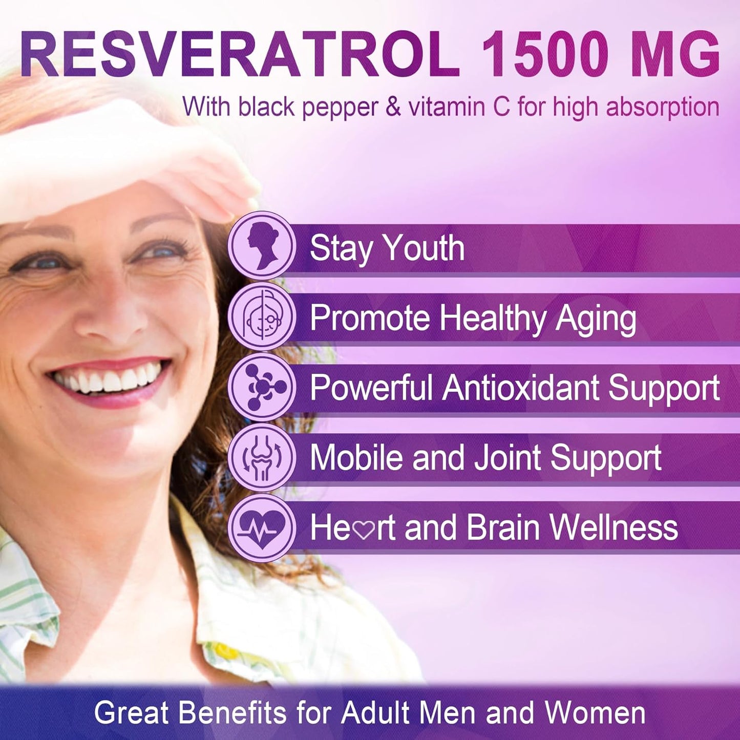 1500mg Sugar-Free Resveratrol Gummies with Quercetin, Grape Seed, Acai - Antioxidant Support for Healthy Aging, Skin, Joints, Brain - 1 Pack