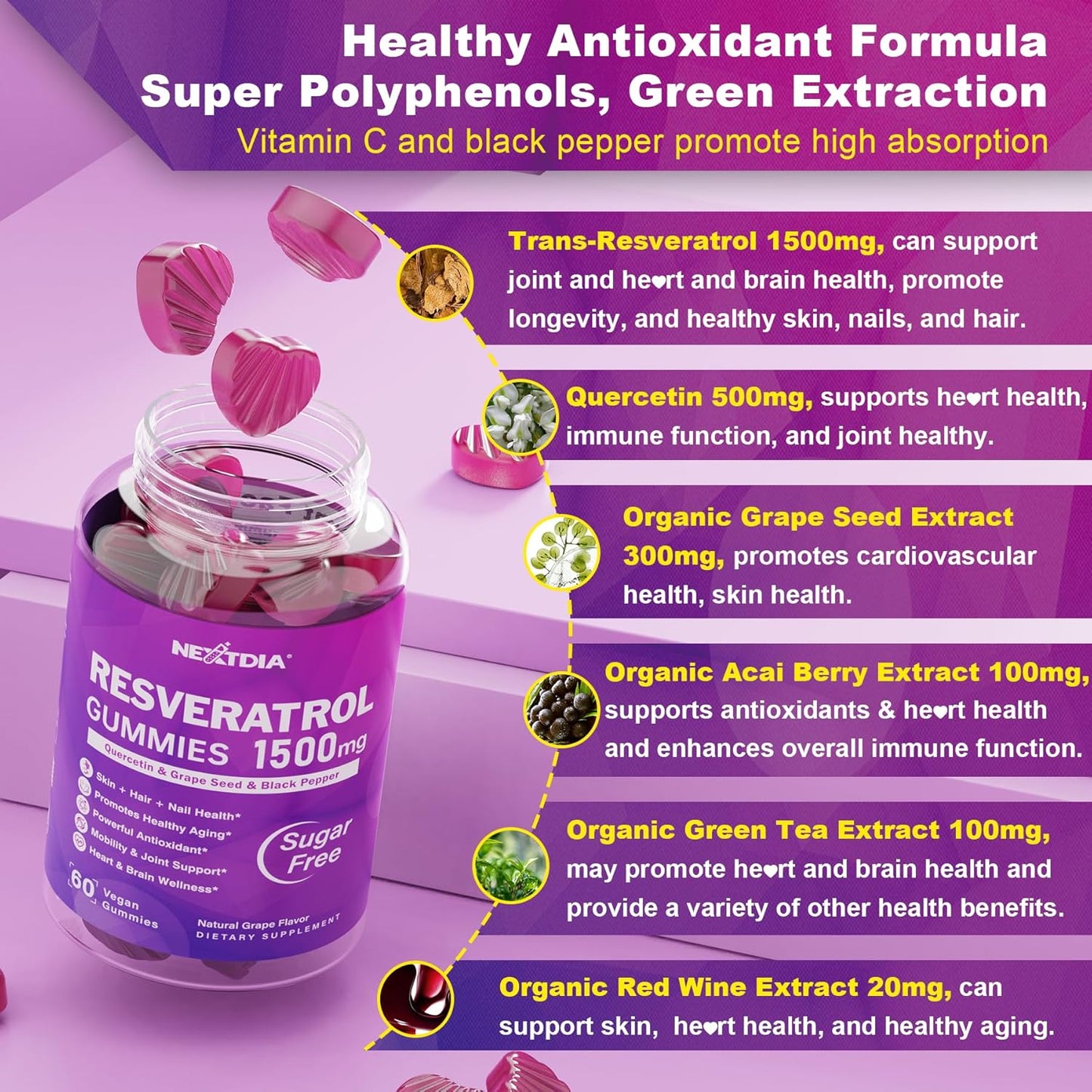 1500mg Sugar-Free Resveratrol Gummies with Quercetin, Grape Seed, Acai - Antioxidant Support for Healthy Aging, Skin, Joints, Brain - 1 Pack