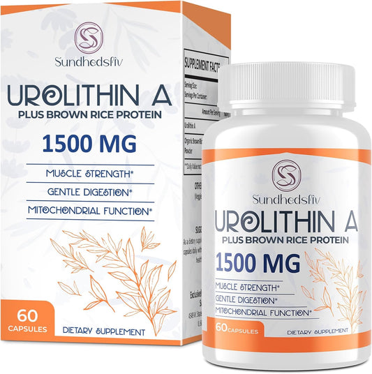 1500MG Sundhedsliv Urolithin A Supplement with Brown Rice Protein for Enhanced Exercise Performance and Cellular Health - Gluten Free - 60 Capsules