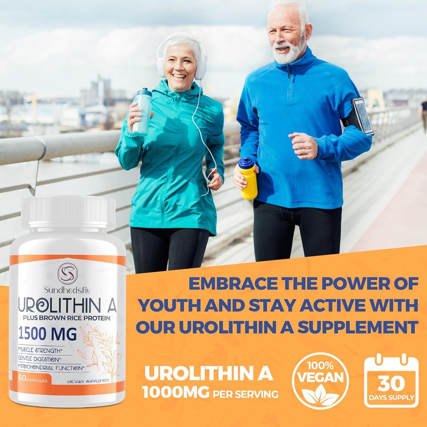1500MG Sundhedsliv Urolithin A Supplement with Brown Rice Protein for Enhanced Exercise Performance and Cellular Health - Gluten Free - 60 Capsules
