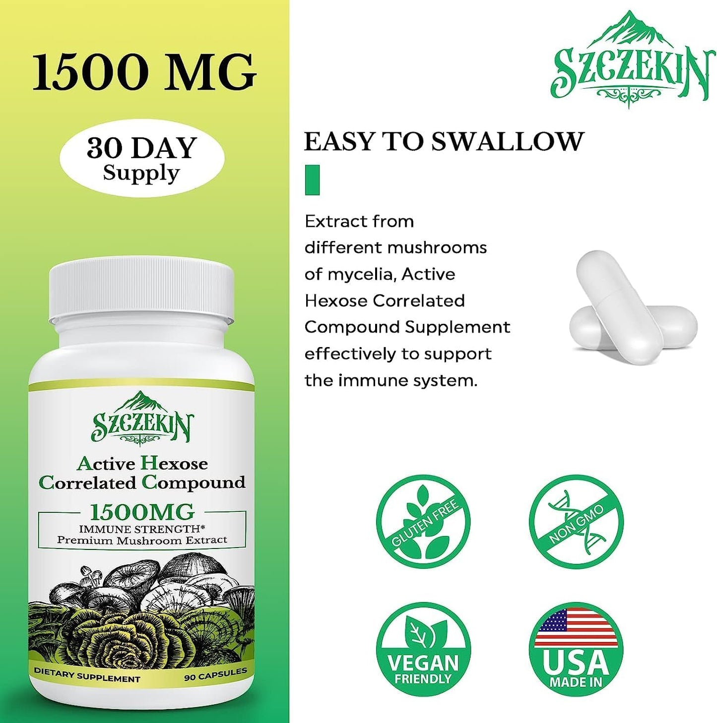 1500mg SZCZEKIN Active Hexose Correlated Compound: 8 Mushroom Extract for Immune & Liver Support - 720 Veggie Capsules