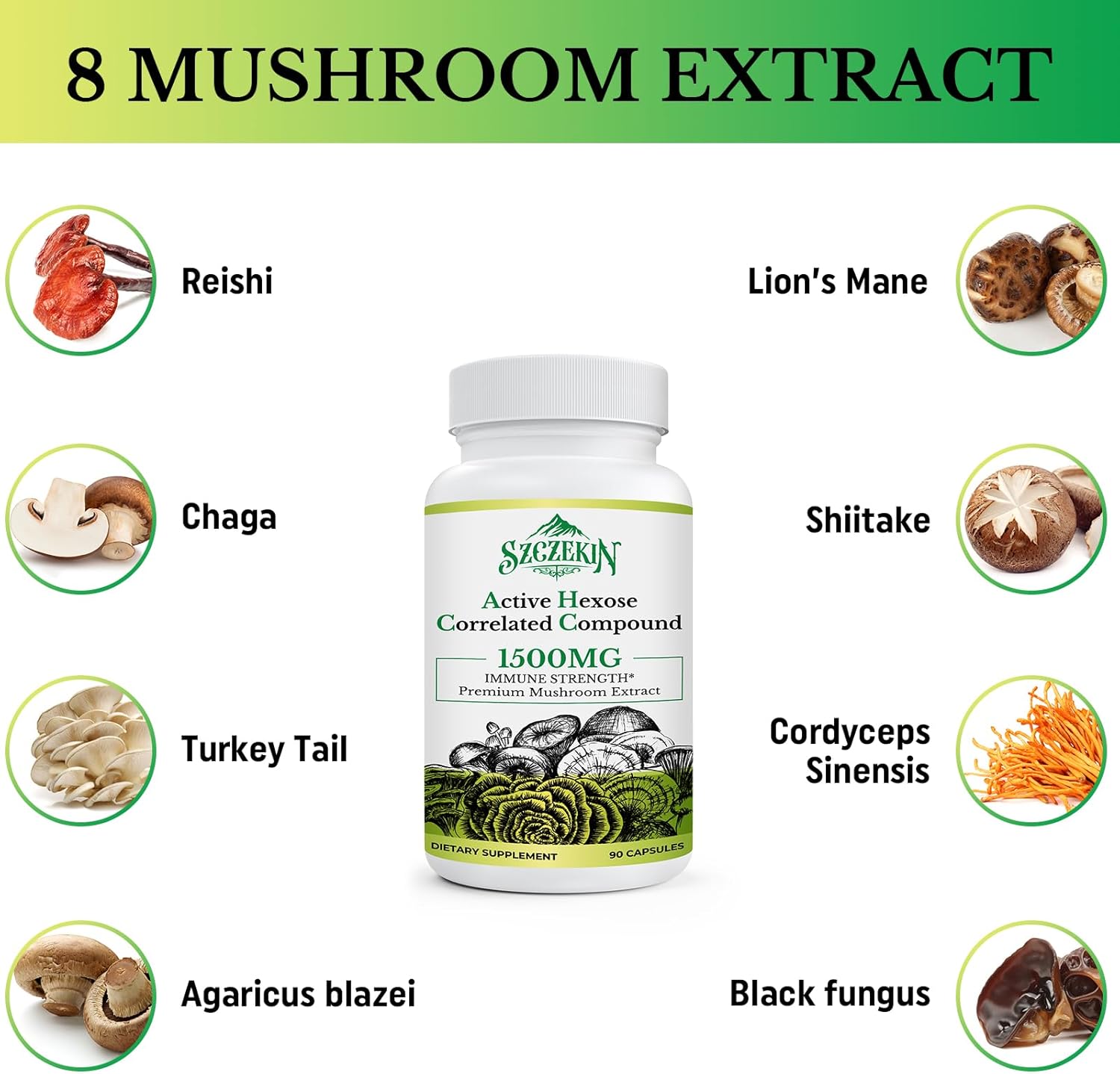 1500mg SZCZEKIN Active Hexose Correlated Compound: 8 Mushroom Extract for Immune & Liver Support - 720 Veggie Capsules