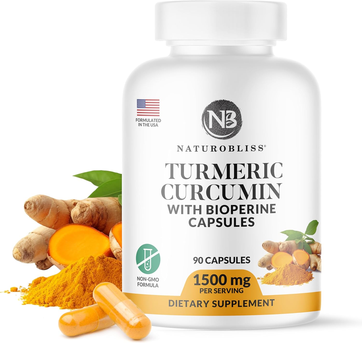 1500mg Turmeric Curcumin Capsules with BioPerine - Non GMO & Gluten Free - 90 Count