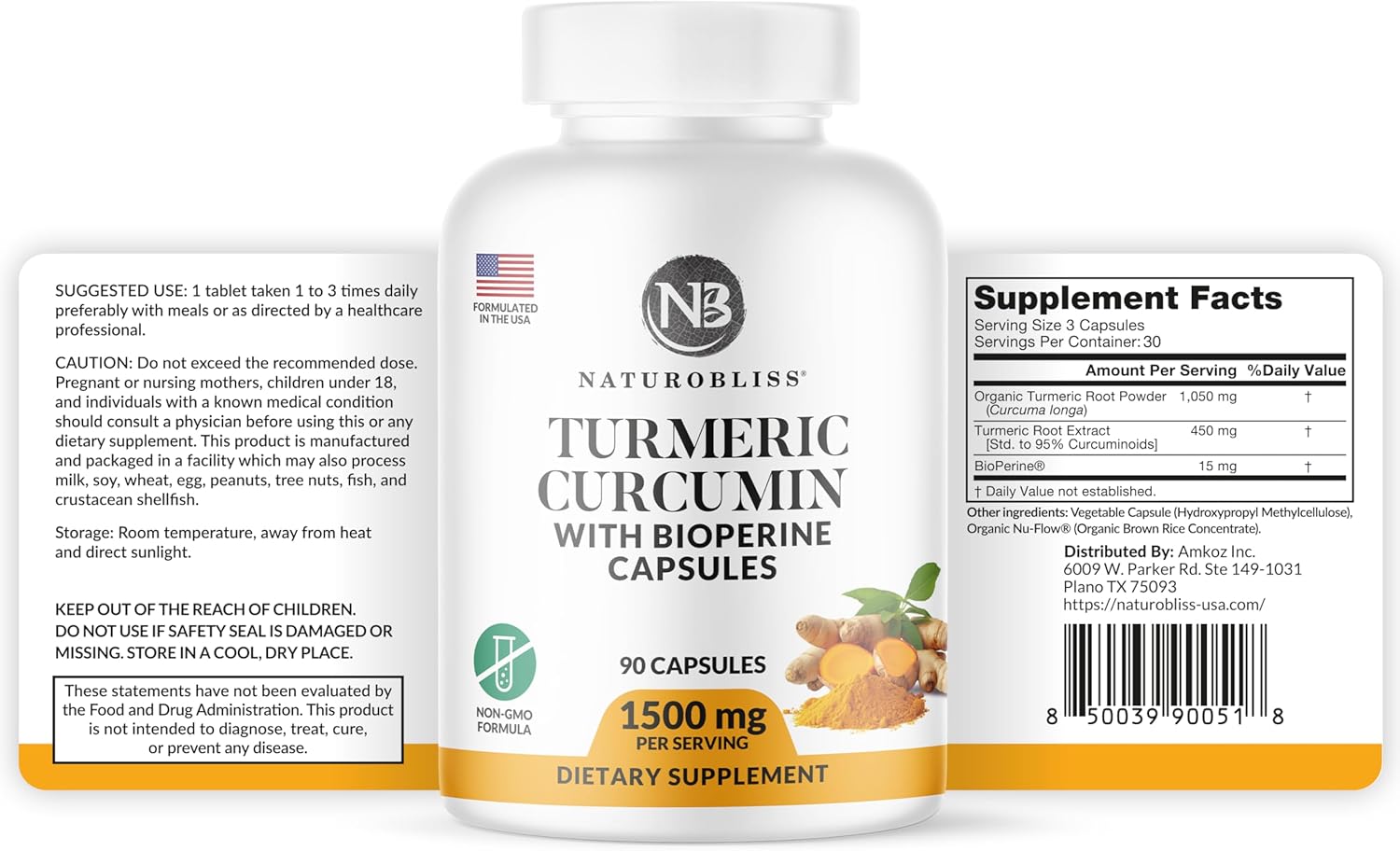 1500mg Turmeric Curcumin Capsules with BioPerine - Non GMO & Gluten Free - 90 Count