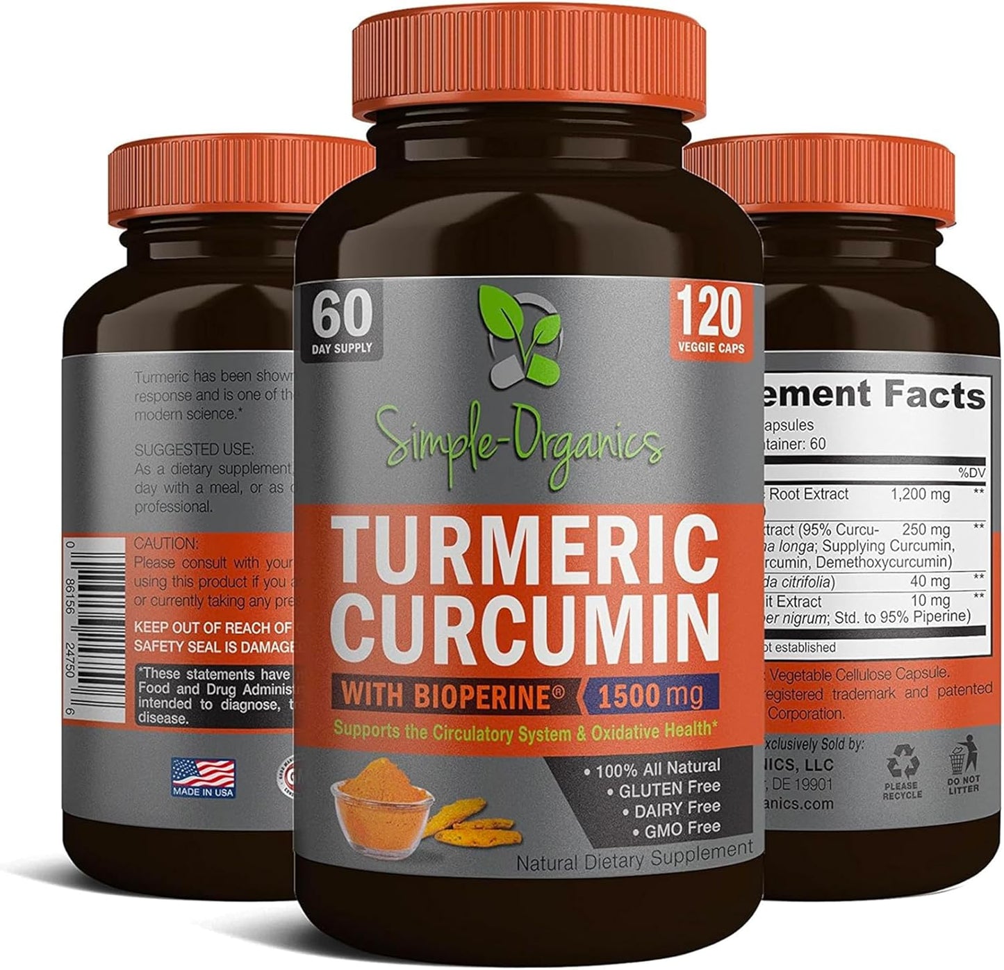 1500mg Turmeric Curcumin Capsules with Bioperine and Black Pepper Extract for Joint Support and Health - 120 Vegan Capsules